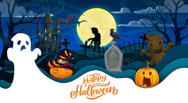 Halloween paper cut banner with ghost silhouette and pumpkins on cemetery Halloween holiday vector greeting card with spooky medieval castle zombie and tree stump monster ghost horror personages