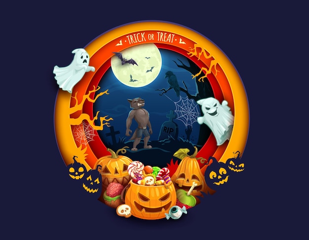 Halloween paper cut banner with holiday sweets Halloween round sticker or paper cut vector background with werewolf and ghosts cartoon characters on cemetery candies and pastry in pumpkin lanterns