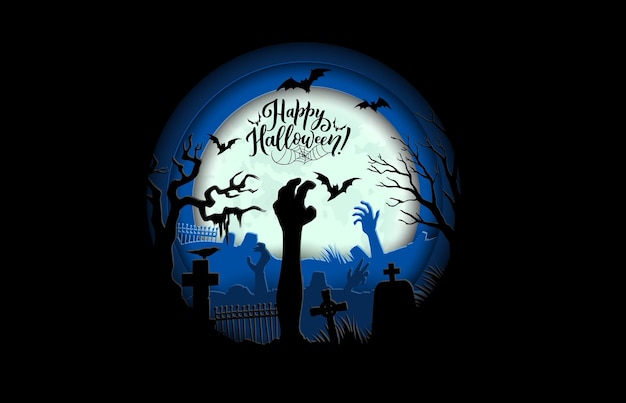 Halloween paper cut banner with zombie hands on cemetery with gravestones holiday vector background Happy Halloween greeting with flying bats and moon over graves with undead zombie hands