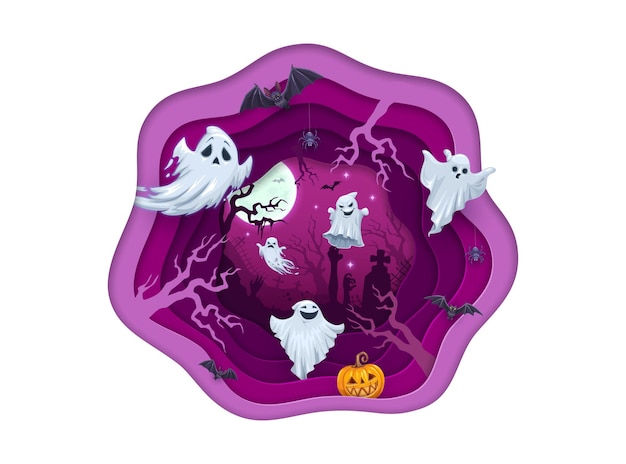 Halloween paper cut cartoon flying ghosts on cemetery Vector horror night pumpkin ghosts bats and spiders in layered papercut wavy frame with background of midnight graveyard creepy zombie trees