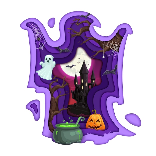 Vector halloween paper cut double exposition of ghost silhouette and midnight castle vector card horror night holiday pumpkin ghost bats and spiders witch potion cauldron haunted house and full moon