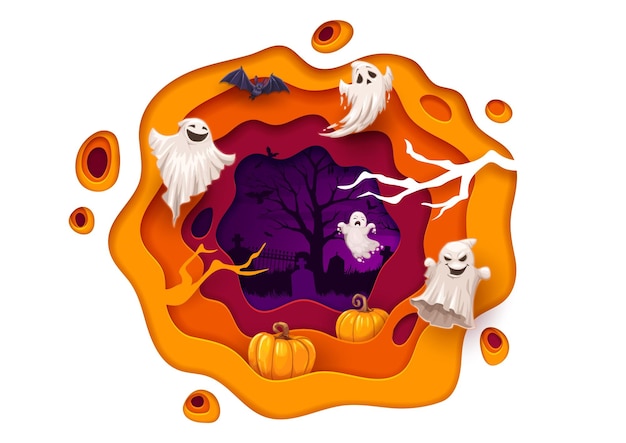 Halloween paper cut flying cartoon funny ghosts on cemetery Vector october holiday design with 3d papercut effect wavy frame spooky phantoms bat branches and graveyard Paper carve art graphics