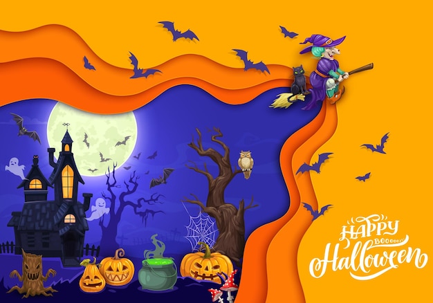 Halloween paper cut landscape with cartoon witch castle and pumpkins Vector holiday banner with flying hag ghosts and jack lanterns at midnight Papercut double exposition design with 3d effect