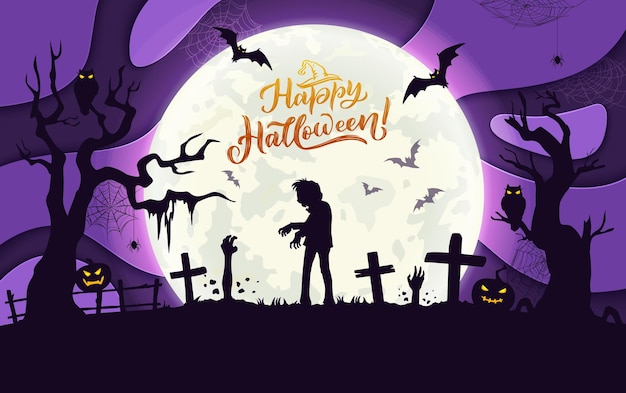 Halloween paper cut night cemetery landscape