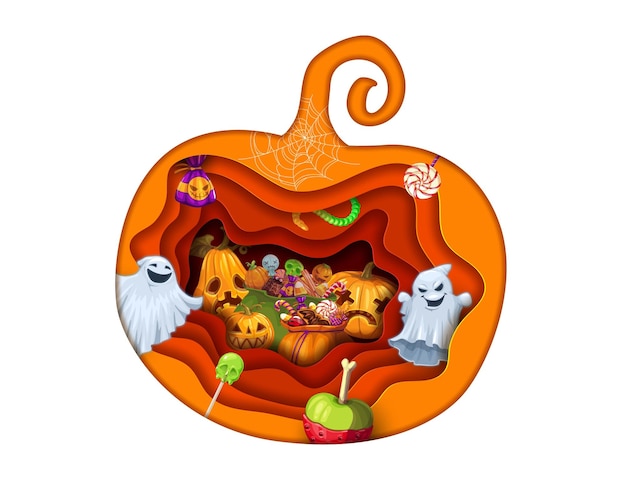 Halloween paper cut pumpkin with double exposition Vector background with holiday sweets jack lanterns and cartoon ghosts 3d effect papercut frame with trick or treat candy desserts and lollipops