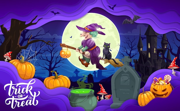 Halloween paper cut witch on cemetery landscape