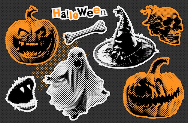 Бумажные наклейки на хэллоуин с полутоновыми элементами коллажа, полутоновая тыква, шляпа ведьмы, призрак вампира