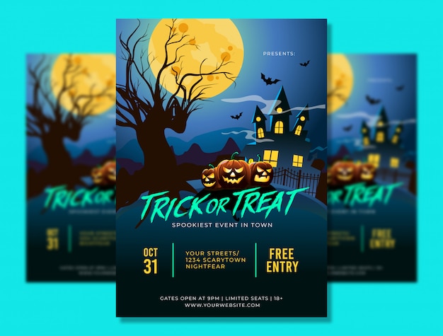 Vector halloween-partij a4 affichemalplaatje met enge plaats en pompoenen