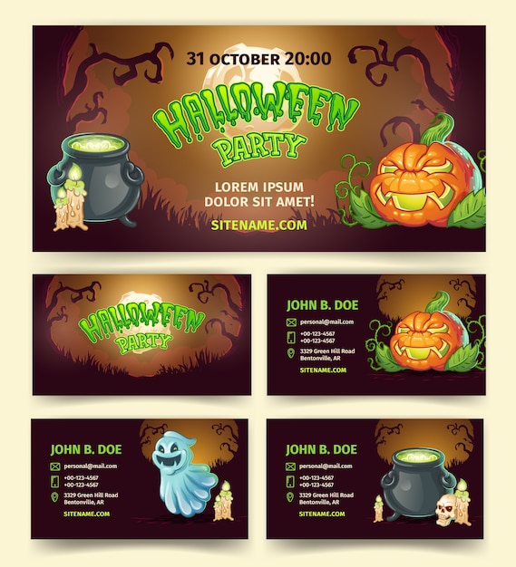 Halloween-partijbanners en uitnodigingsmalplaatje van pompoenlantaarn en griezelig spook