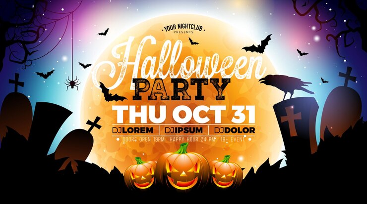 Vector ハロウィンパーティーのバナーイラストで夜の青い墓地の背景に恐ろしい顔の南瓜が描かれています