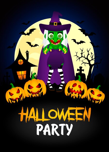 Halloween party banner Poster with witch and funny pumpkins Happy Halloween graphic design