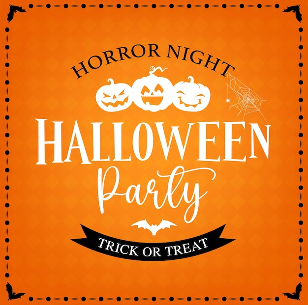 Halloween party banner for scary pumpkin night vector trick or treat holiday poster Happy Halloween and horror night party flyer with spooky pumpkins bat and spider in cobweb on orange background