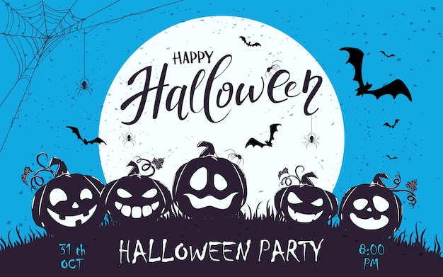 Halloween party on banner with happy pumpkins on blue background