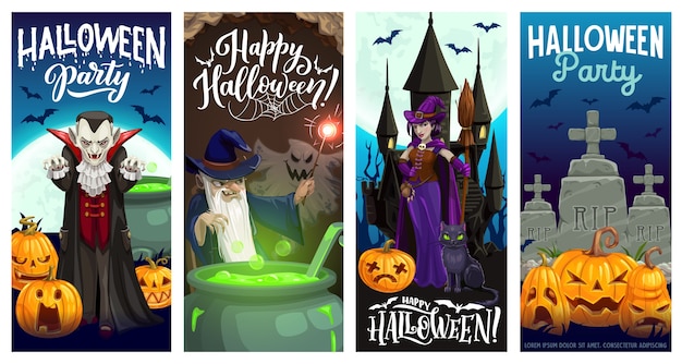 Halloween party banners with horror holiday pumpkins, witch, vampire and ghosts, bats, moon, cat and evil wizard, haunted house, cemetery and potion cauldron. Halloween night party invitation