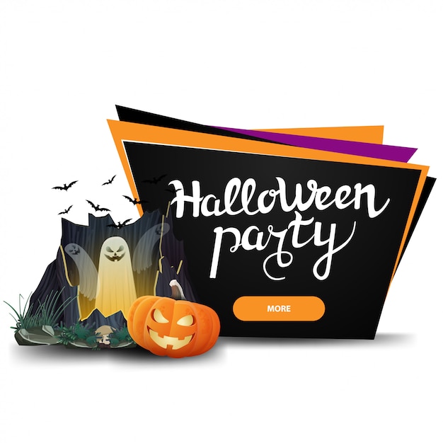 Halloween party, black invitation banner in the form of geometric plates with button, portal with ghosts and pumpkin jack