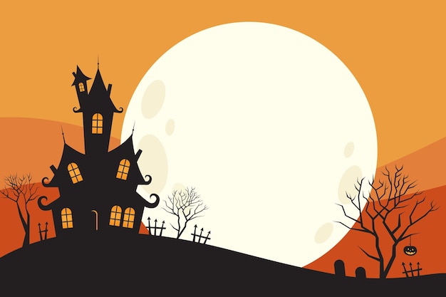 Halloween party card template - spooky castle, dead trees, full moon with orange background vector i