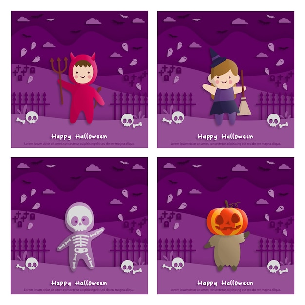 Halloween party cards with childs wearing costumes