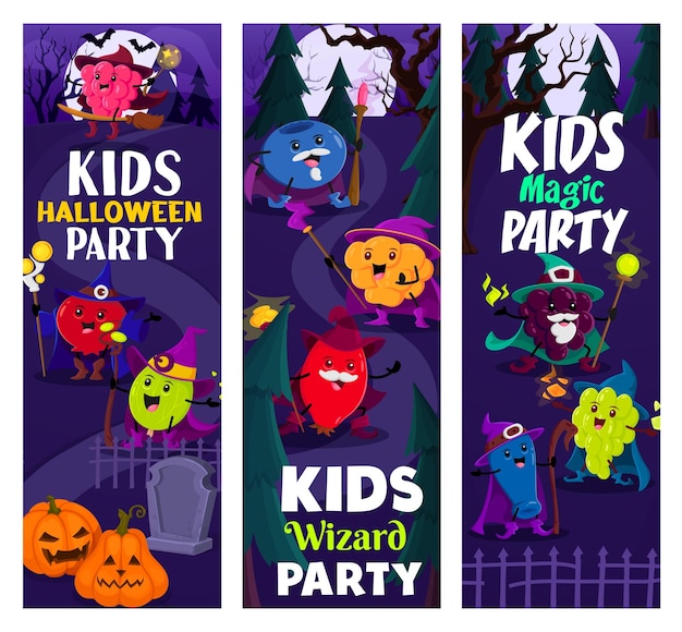Halloween party, cartoon berry wizards and mages at cemetery. Vector vertical banners with grapes, blueberry and honeyberry, cloudberry, cranberry, raspberry, rosehip and blackberry warlock characters