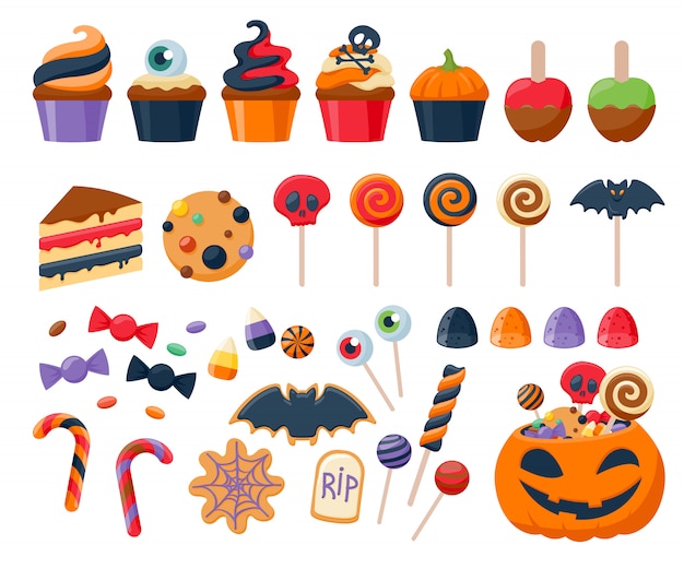 Le icone variopinte dei dolci del partito di halloween hanno messo l'illustrazione di vettore.