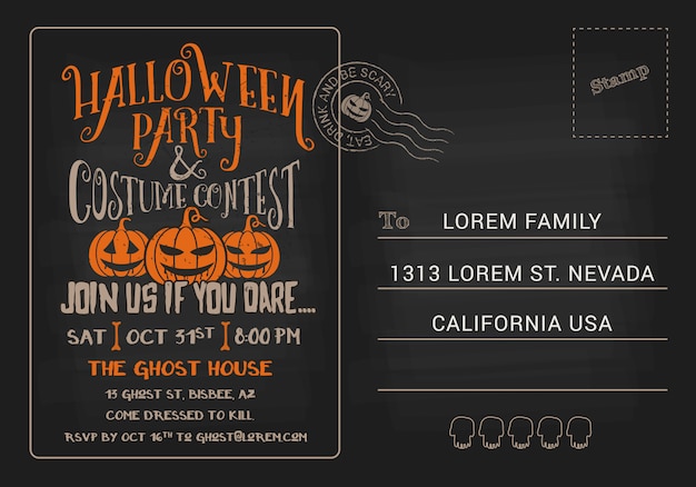 Vector halloween party and costume contest postcard invitation