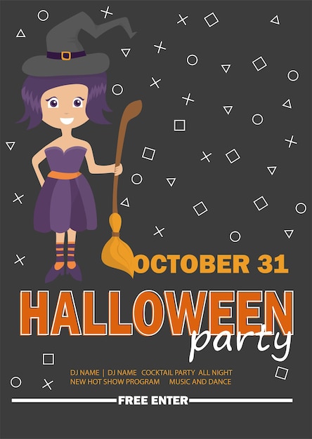 Vector halloween party design template with witch girl - poster for invitation to party or greeting card