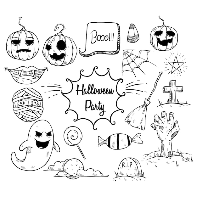 Vettore insieme di elementi del partito di halloween con stile disegnato a mano o impreciso