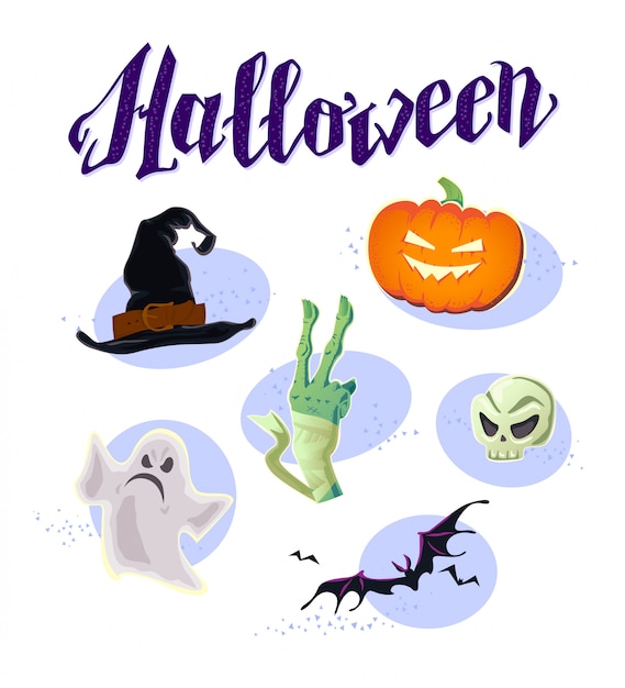 Элементы вечеринки в честь хэллоуина - шляпа ведьмы, рука мумии, призрак, тыква, череп, летучая мышь. векторная иллюстрация.