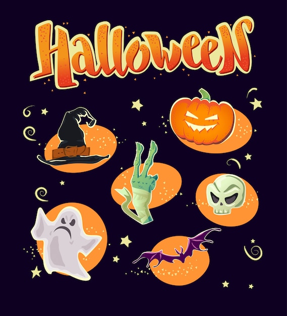 Halloween party elements - witch hat, mummy hand, ghost, pumpkin, skull, bat. vector illustration.