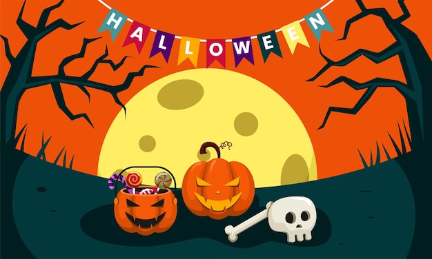 Halloween Party Flat Design. with Pumpkin, candy cane, and skull. Vector Illustration.