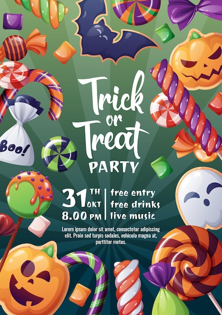 Vector halloween party flyer holiday invitation trick or treat poster banner with spooky candies sweets