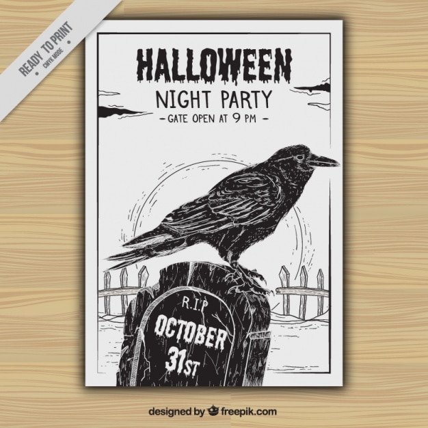 Halloween party flyer met kraaien en met de hand getekende graf