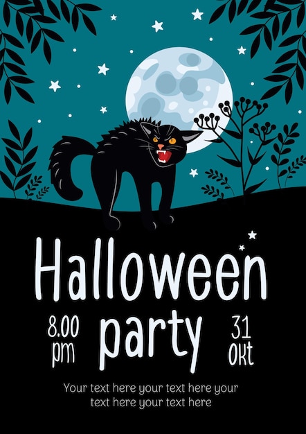 Флаер вечеринки в честь Хэллоуина Силуэты кошек и растений на фоне луны