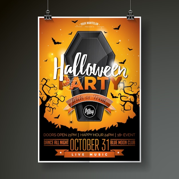 Vector halloween party flyer vector illustration with black coffin on orange sky background. holiday design with spiders and bats for party invitation, greeting card, banner, poster.