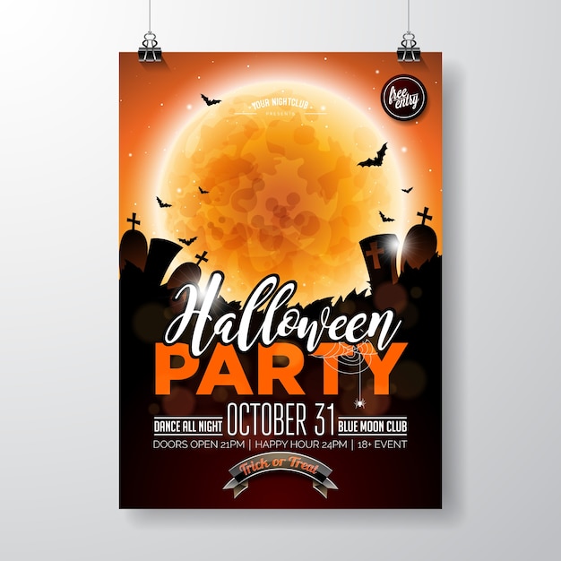 Halloween party flyer illustrazione vettoriale con zucca e cimitero su sfondo arancione del cielo. disegno vacanza con luna, ragni e pipistrelli per invito a partito, biglietto di auguri, banner, poster.