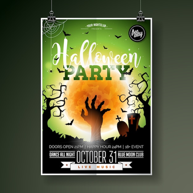 Halloween Party flyer vector illustration with zombie hand on green moon sky background. Holiday design with spiders and bats for party invitation, greeting card, banner, poster.