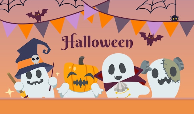 The halloween party for friend group of ghost wear fantasy costume in flat  style. illustration