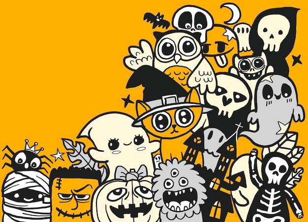 ハロウィーン パーティー コピー スペースで落書きかわいいモンスターのハロウィーン コレクション イラスト