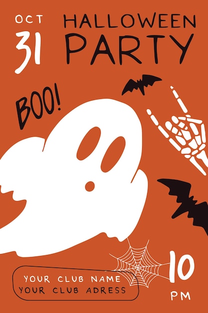 Halloween party hand drawn poster invitation or greeting card design ghost and skeleton vector cartoon illustration