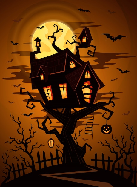 Halloween party illustration with castle silhouette