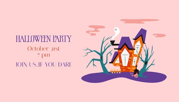 Halloween party intitation with haunted house Spooky illustration of creepy trees ghost and house