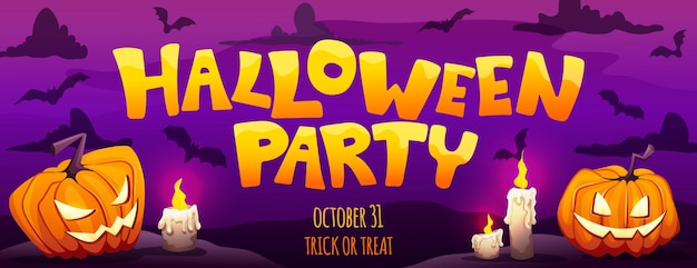 Halloween party invitation banner. flyer or poster with dark background, pumpkins, candles