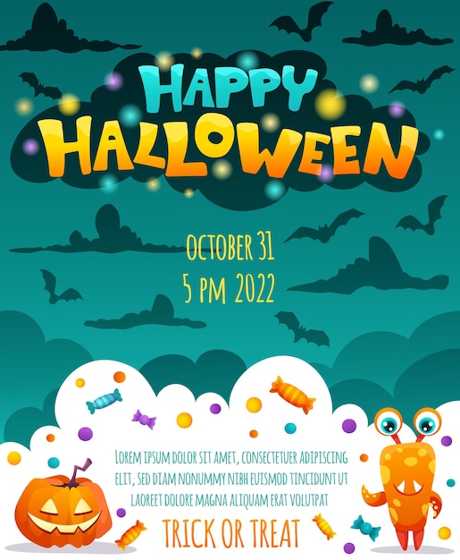 Halloween party invitation card kids template creative poster with cute monsters bats pumpkins