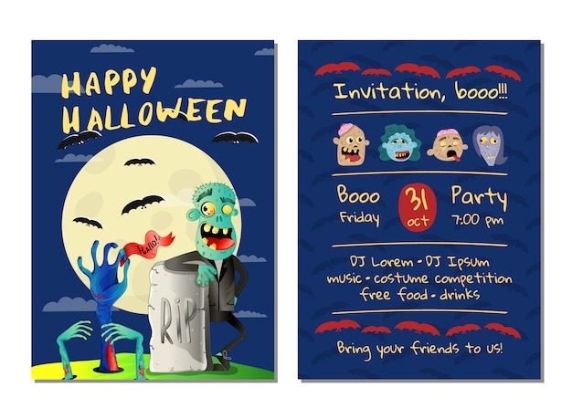 Halloween party invitation card with happy zombie