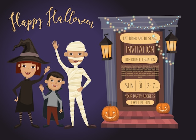 Vector halloween party invitation cardwith kids in costumes