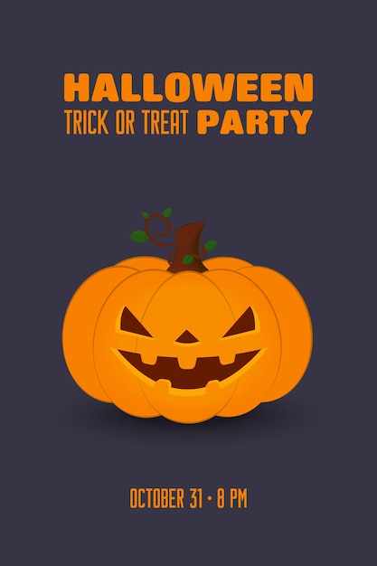 Halloween party invitation. Cartoon pumpkin with scared face. Vector Illustration.