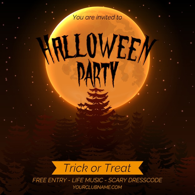 Halloween party invitation poster template with dark forest, full moon and place for text.