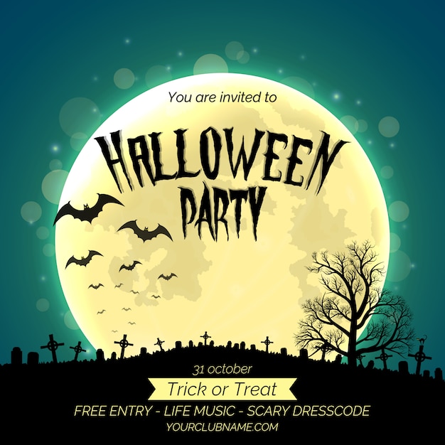 Vector halloween party invitation poster template with dark forest, graveyard and place for text