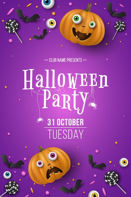 Halloween party invitation poster with lettering 3D emotional cartoon smiling pumpkins with eyes candy bats on purple background Festive cover design Invitation greeting card Vector