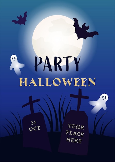 Halloween party invitation template with moon, bat, graves and ghosts on cemetery. Vector