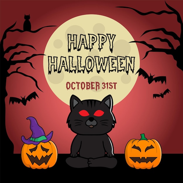 Vector halloween party invitation with black cat and pumpkins